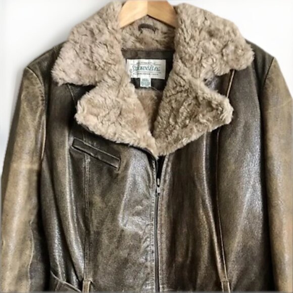 Vintage St. John's Bay Genuine Leather Belted Fur Trim Jacket W Size Large - Picture 3 of 9